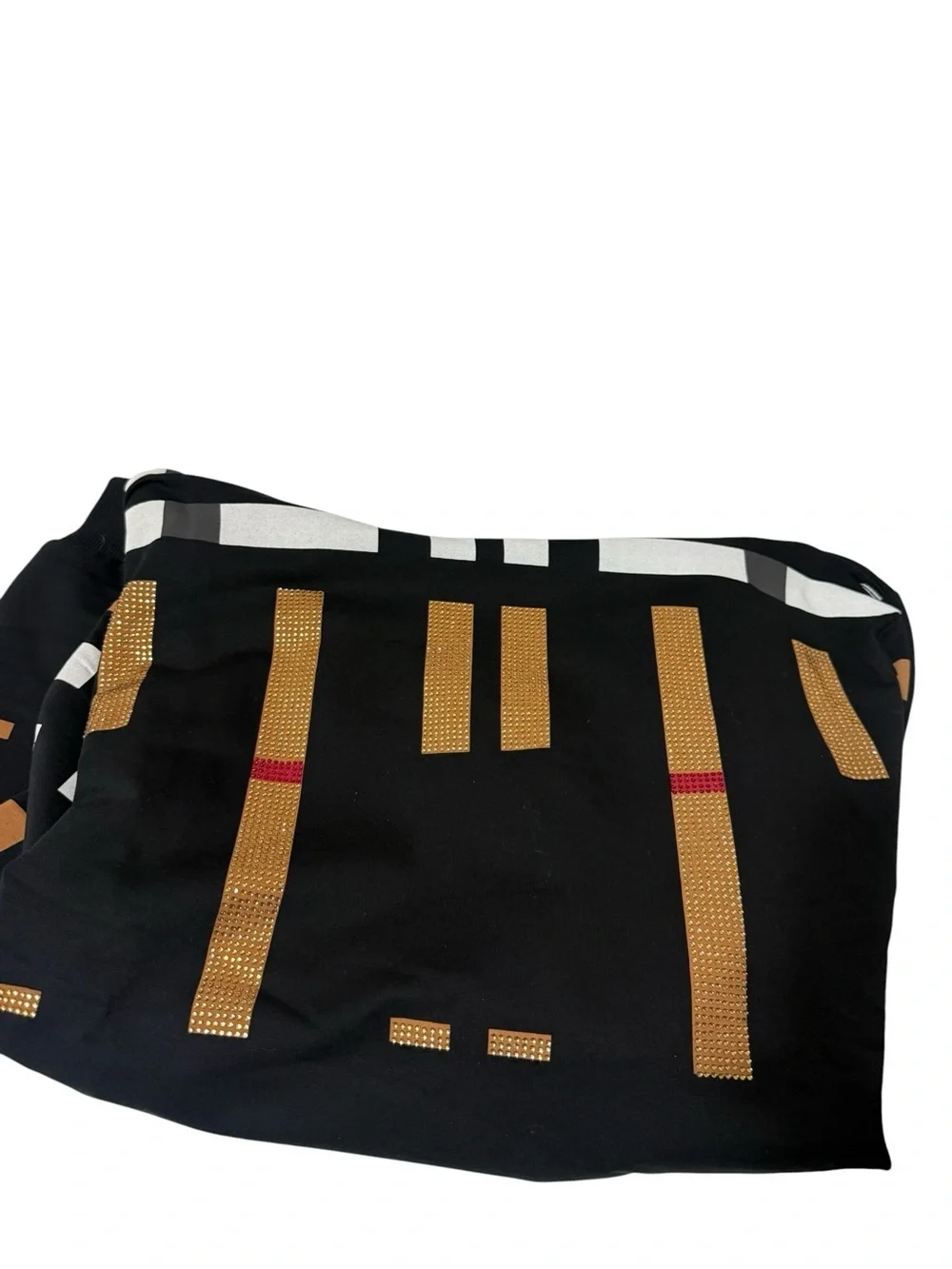 LAVERITA Black Hoodie with Geometric Tan, White & Red Block Pattern. new. large